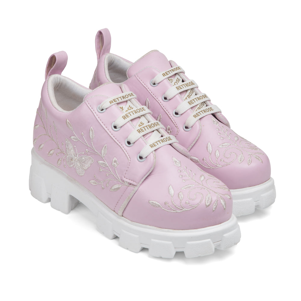 RETTROSE | Floral Heritage Sneakers | Hand Embroidered  Chunky Shoes | Soft Pink