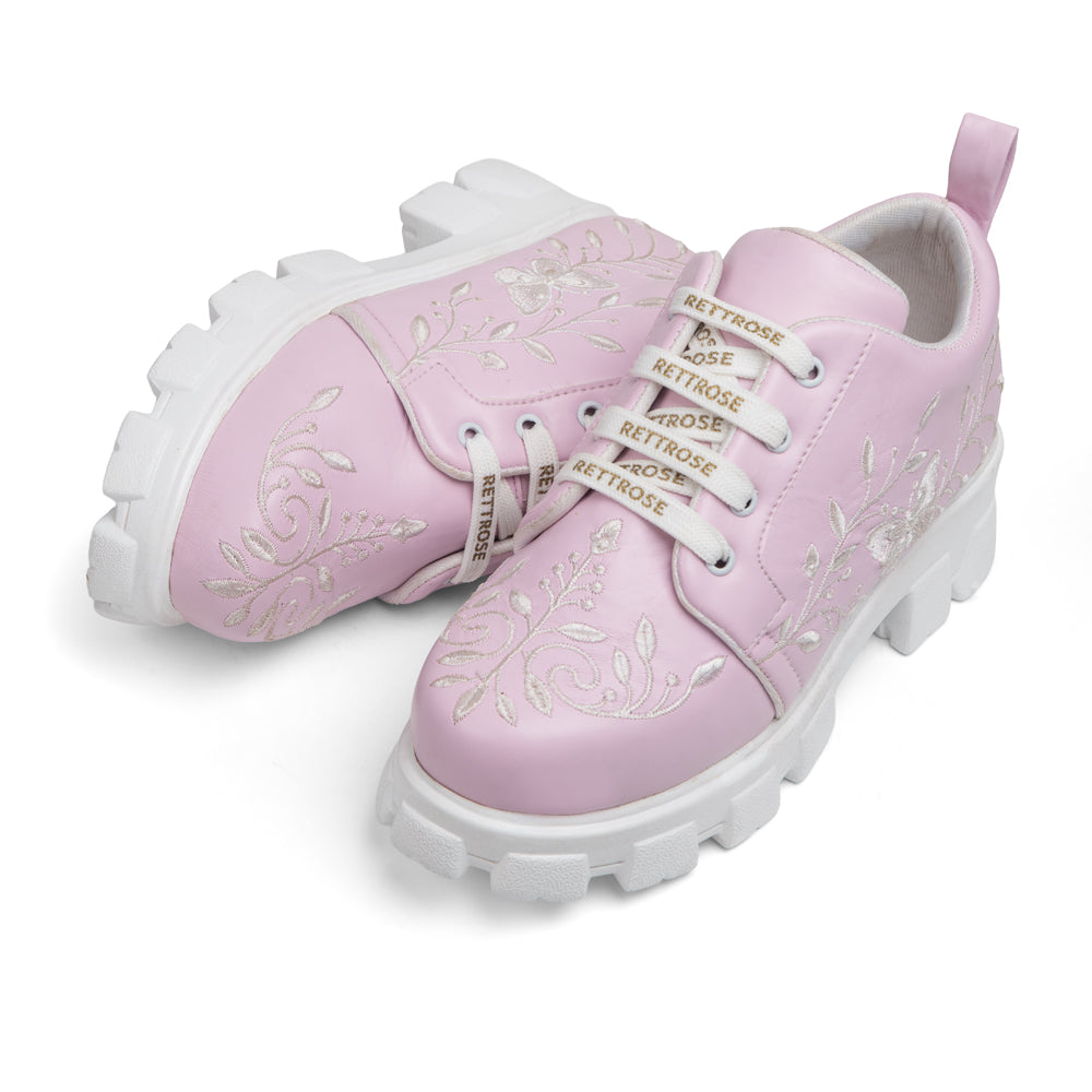 RETTROSE | Floral Heritage Sneakers | Hand Embroidered  Chunky Shoes | Soft Pink