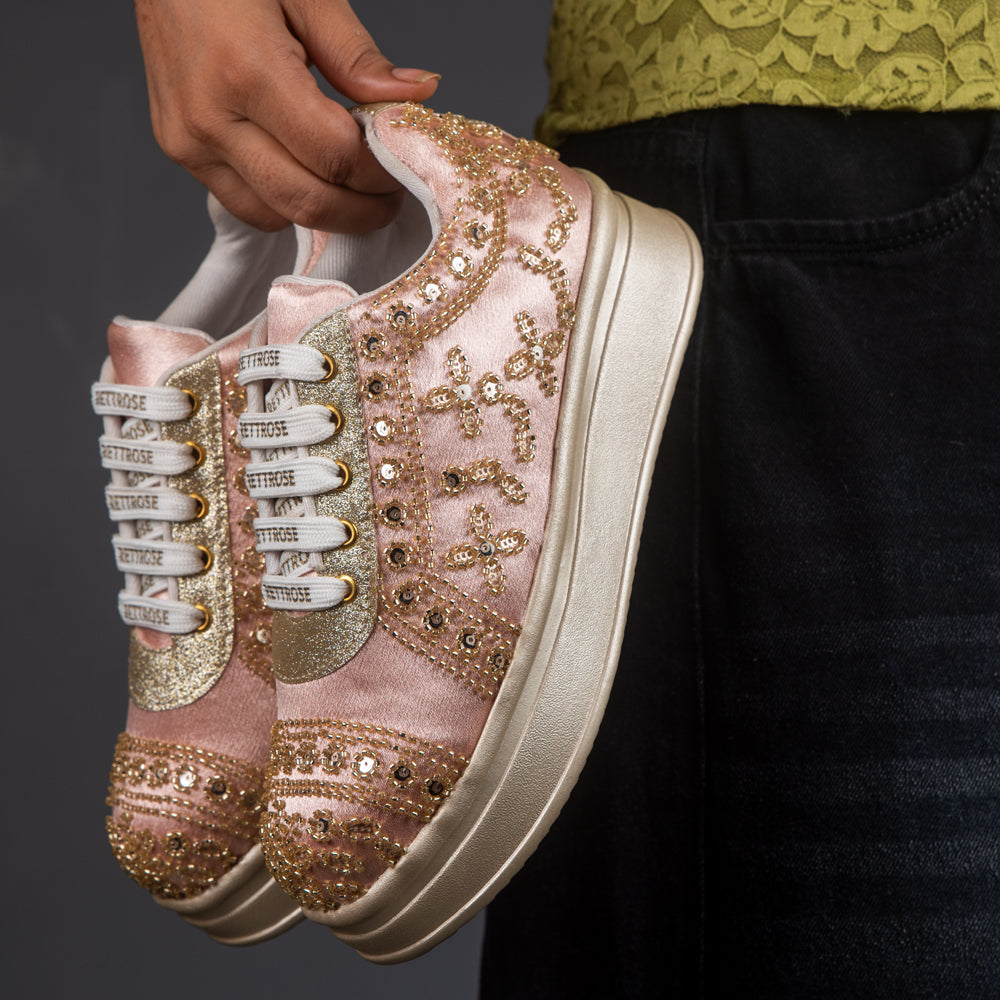 RETTROSE | Indian Ethnic Bridal Sneakers | Handcrafted Zari &  Sequin Embroidery | Mehndi, Sangeet & Wedding Party Shoes | Blush Pink