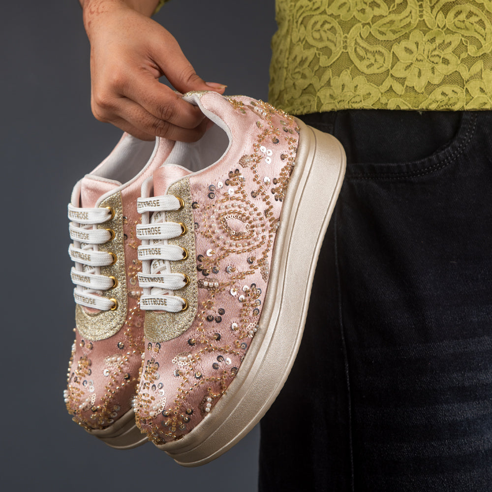 RETTROSE Women’s Blush Pink Bridal Platform Sneakers | Premium  Hand Embroidered Wedding Shoes | Indian Ethnic Festive Footwear