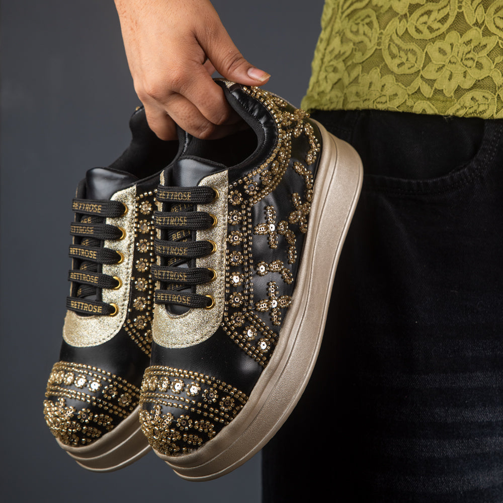 RETTROSE Women’s Black Ethnic Wedding Sneakers | Designer Handcrafted Bridal Shoes | Beaded Platform Footwear | Festive Party Wear