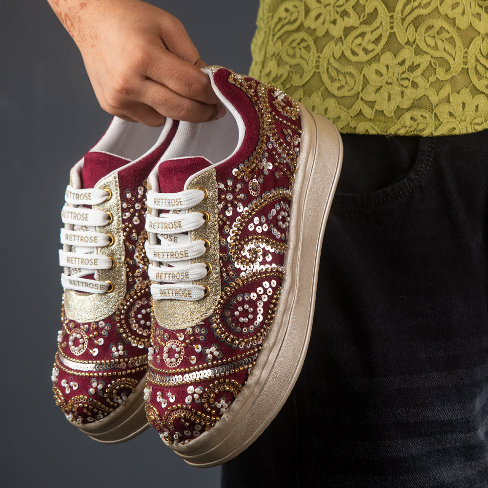 RETTROSE Women’s Hand Embroidered Indian Ethnic Bridal Sneakers |  Wedding Party Shoes | Sequin & Bead Work | Platform Footwear | Maroon
