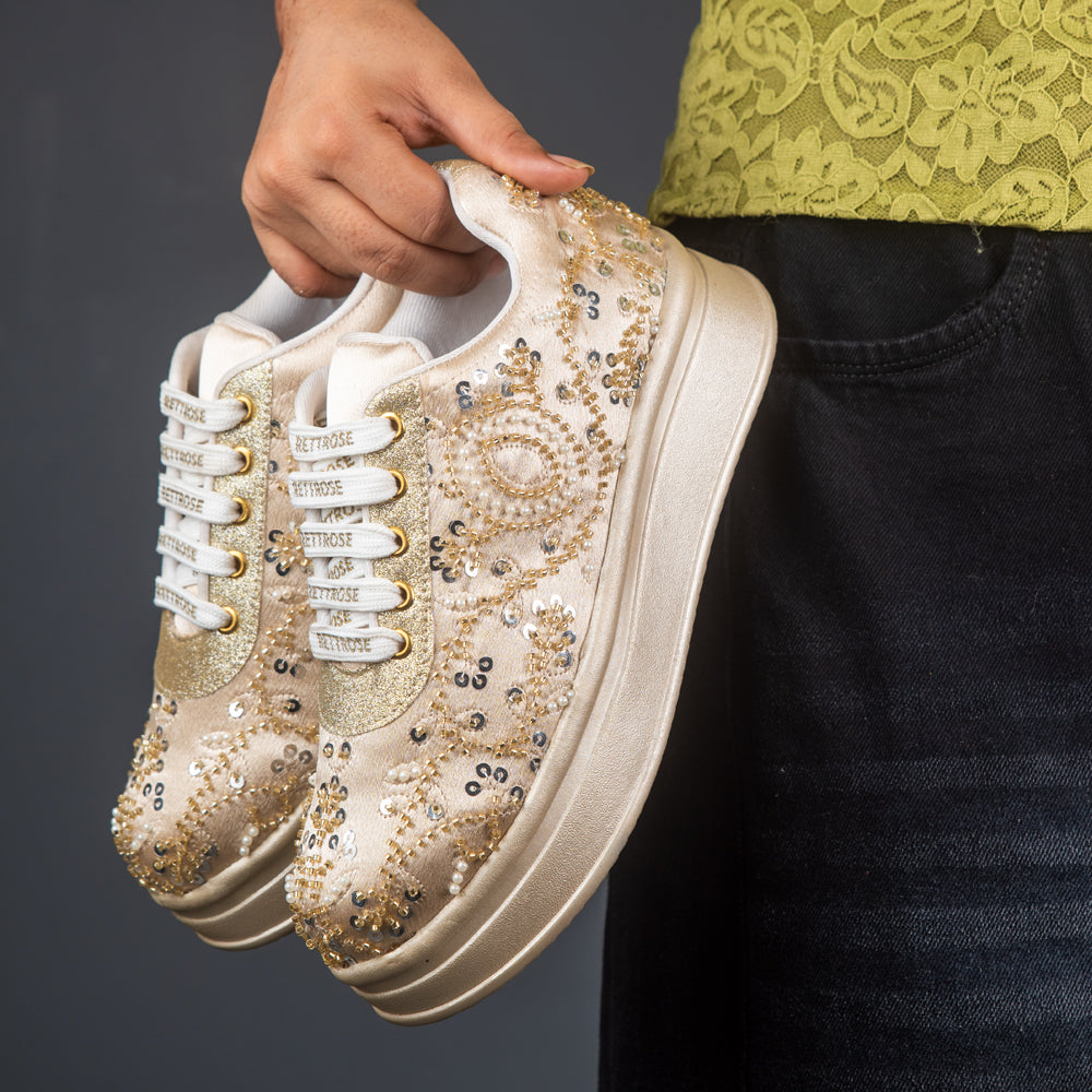 RETTROSE | Zarrin Bloom Women’s Handmade Luxury Sneakers | Gold  Embellished | Wedding & Party Wear