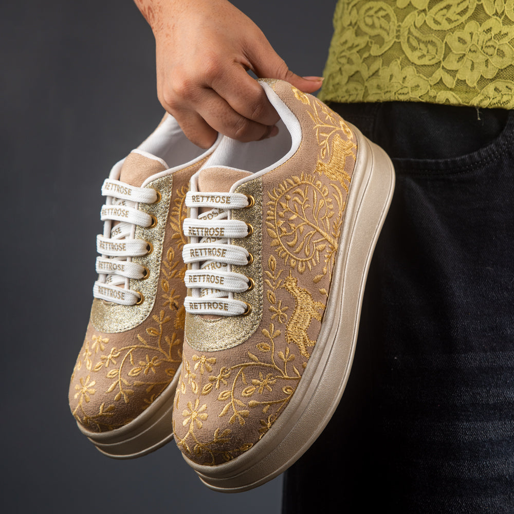 RETTROSE | Deer Motif Embroidered Ethnic Sneakers | Indian  Wedding & Festive Wear Shoes | Handcrafted Platform Footwear | Beige