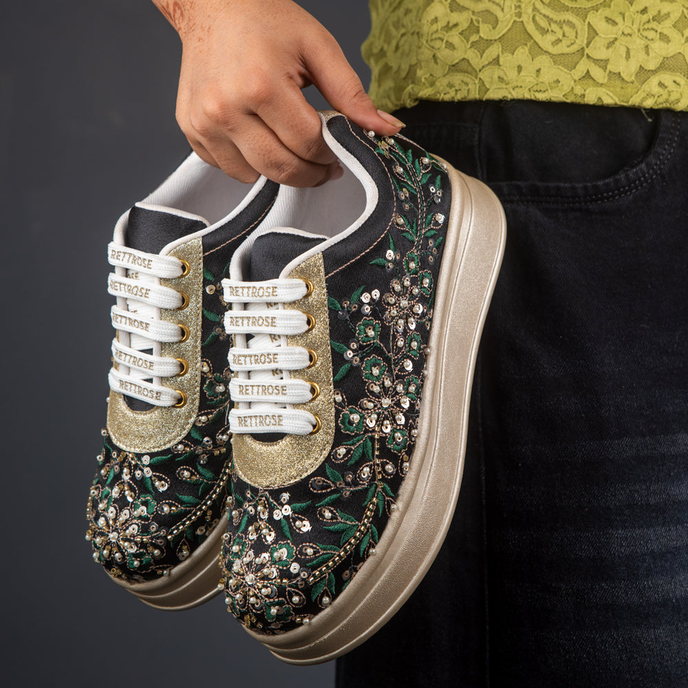 RETTROSE |Garden Bloom Embroidered Sneakers | Designer  Wedding Footwear | Handcrafted Party Shoes
