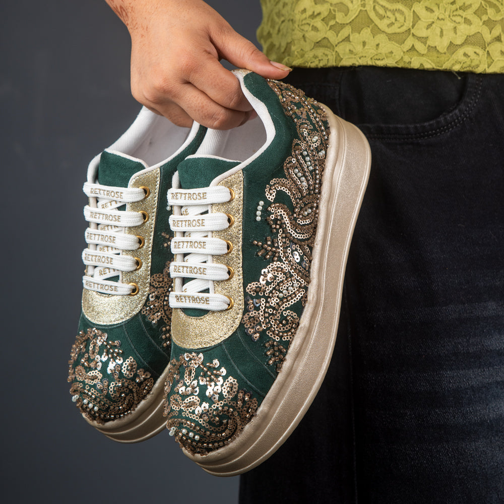 RETTROSE | Bridal Embroidered Sneakers | Wedding Platform  Footwear | Emerald Green