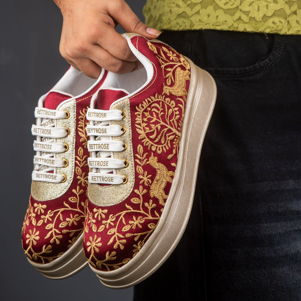 RETTROSE | Deer Motif Embroidered Ethnic Sneakers | Indian  Wedding & Festive Wear Shoes | Handcrafted Platform Footwear |Maroon
