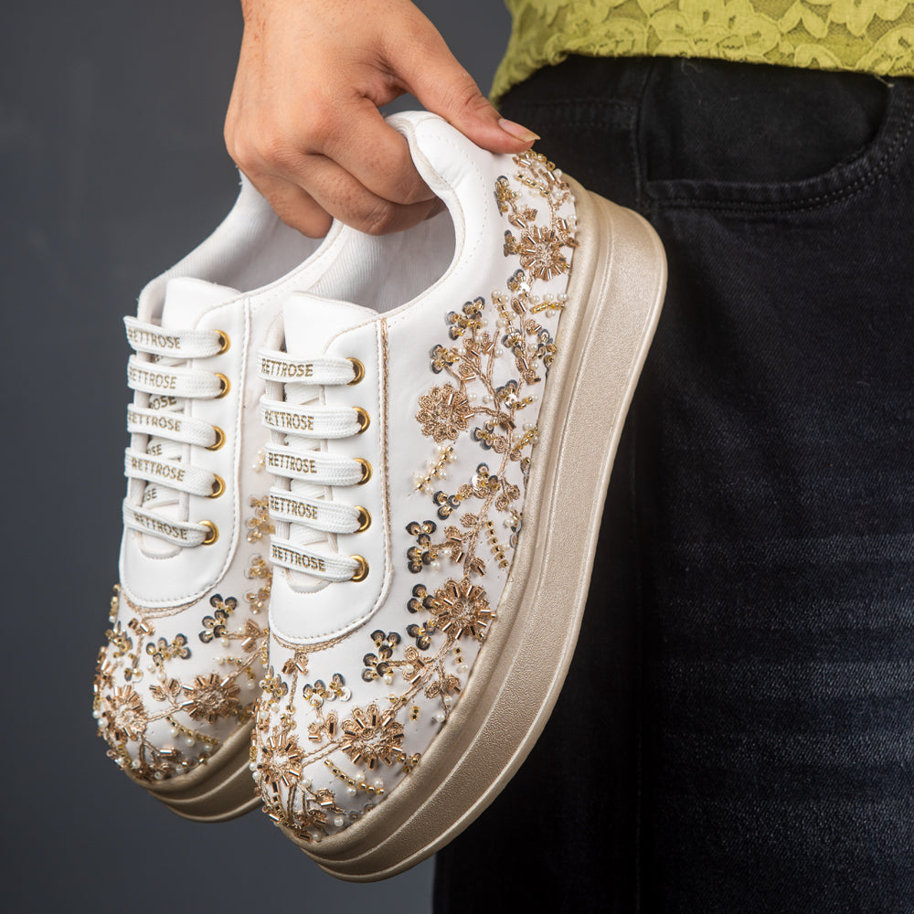 RETTROSE | Ivory Bridal Sneakers | Hand Embroidered Indian  Wedding Shoes | Pearl & Zari Work | Platform Footwear