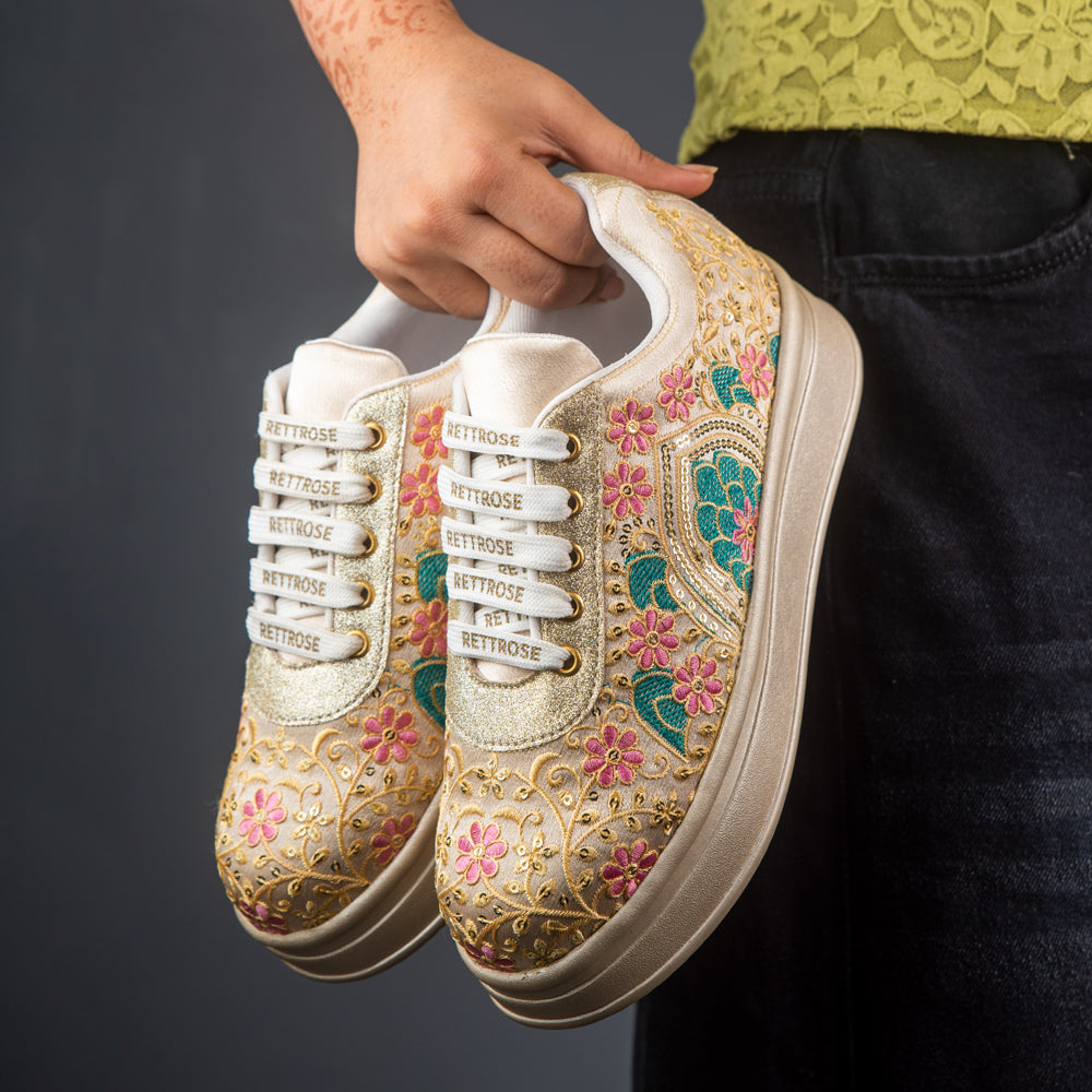 RETTROSE | Mughal Garden Embroidered Sneakers |  Handcrafted Indian Wedding Party Shoes | Floral Zari Work | Platform Footwear