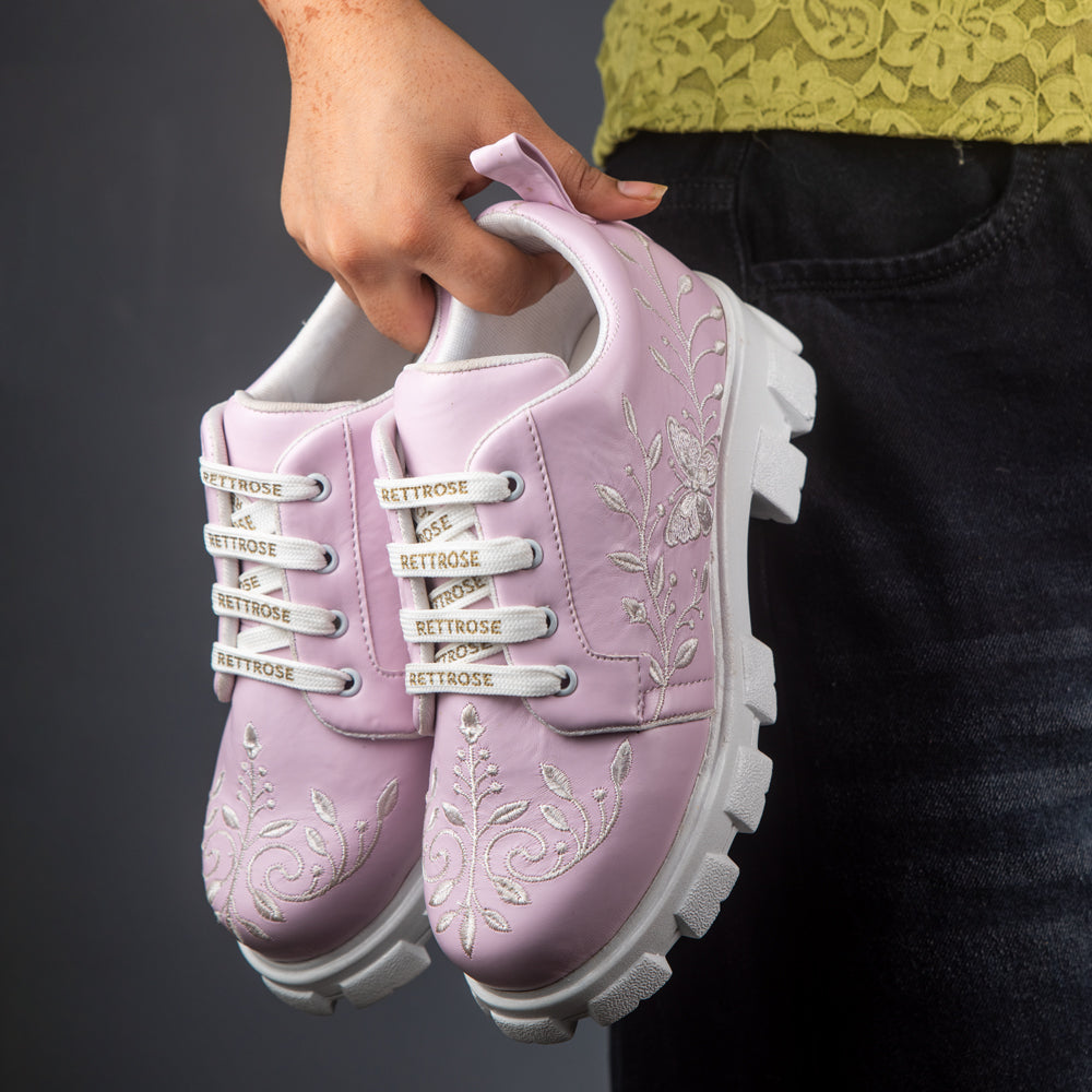 RETTROSE | Floral Heritage Sneakers | Hand Embroidered  Chunky Shoes | Soft Pink