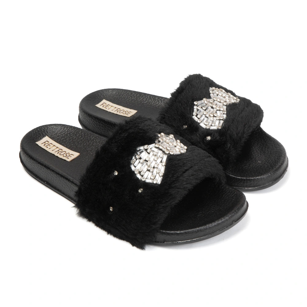 The Ava Noir Luxury Plush Diamante Embellished Slippers