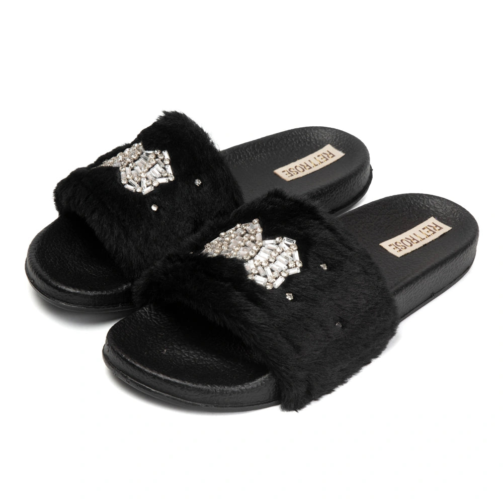 The Ava Noir Luxury Plush Diamante Embellished Slippers