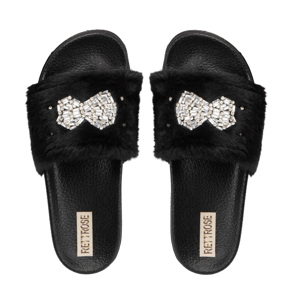 The Ava Noir Luxury Plush Diamante Embellished Slippers