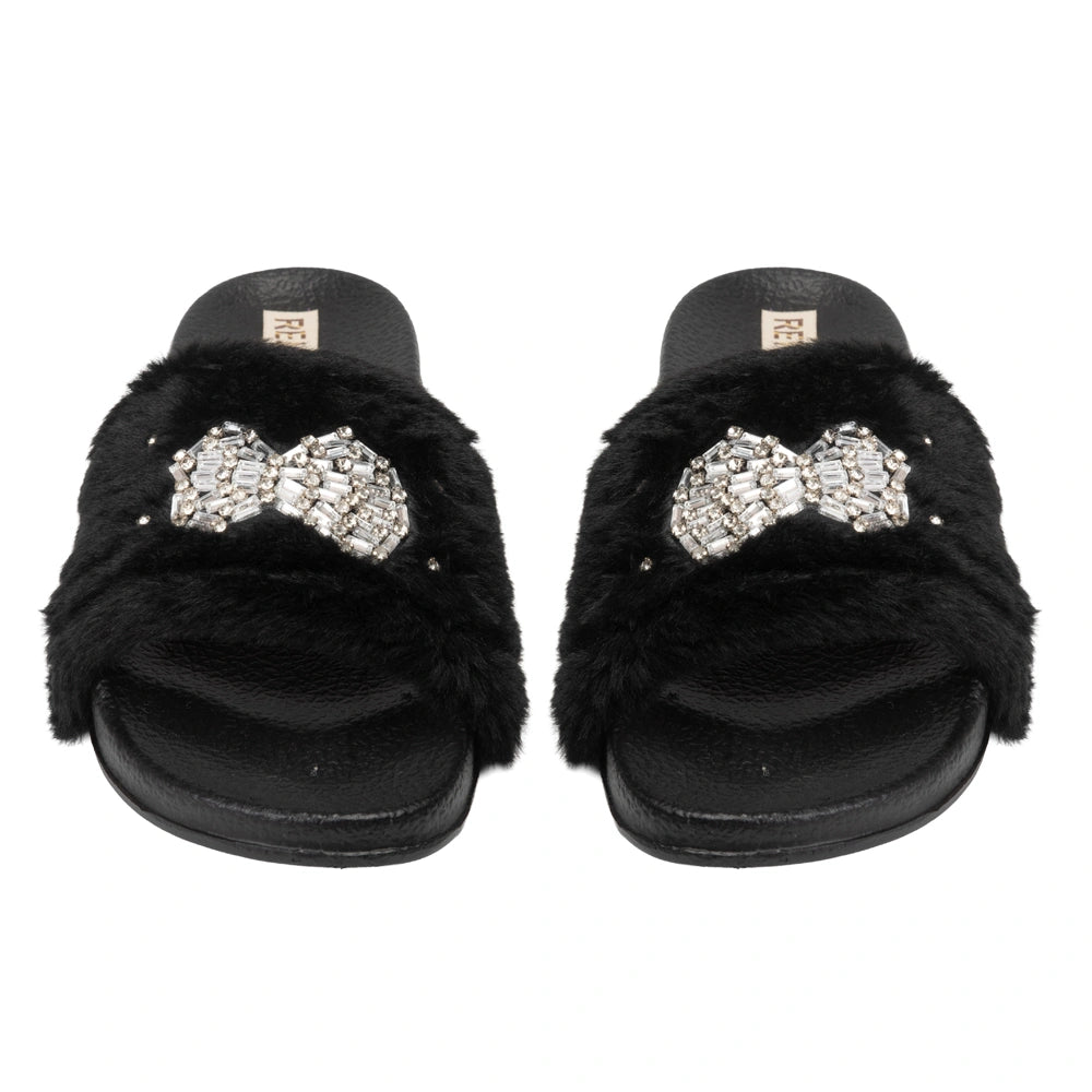 The Ava Noir Luxury Plush Diamante Embellished Slippers