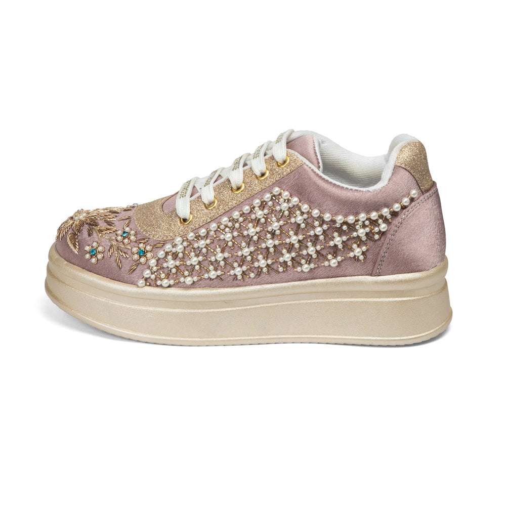 The Evangeline Luxury Pearl Meadow Embellished Trainer