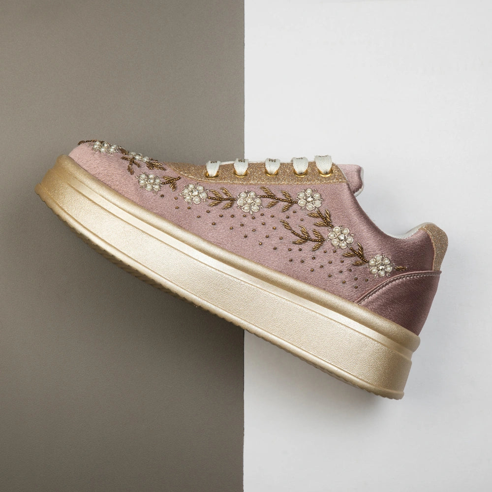 The Delphine Luxury Blush Bloom Embellished Trainer
