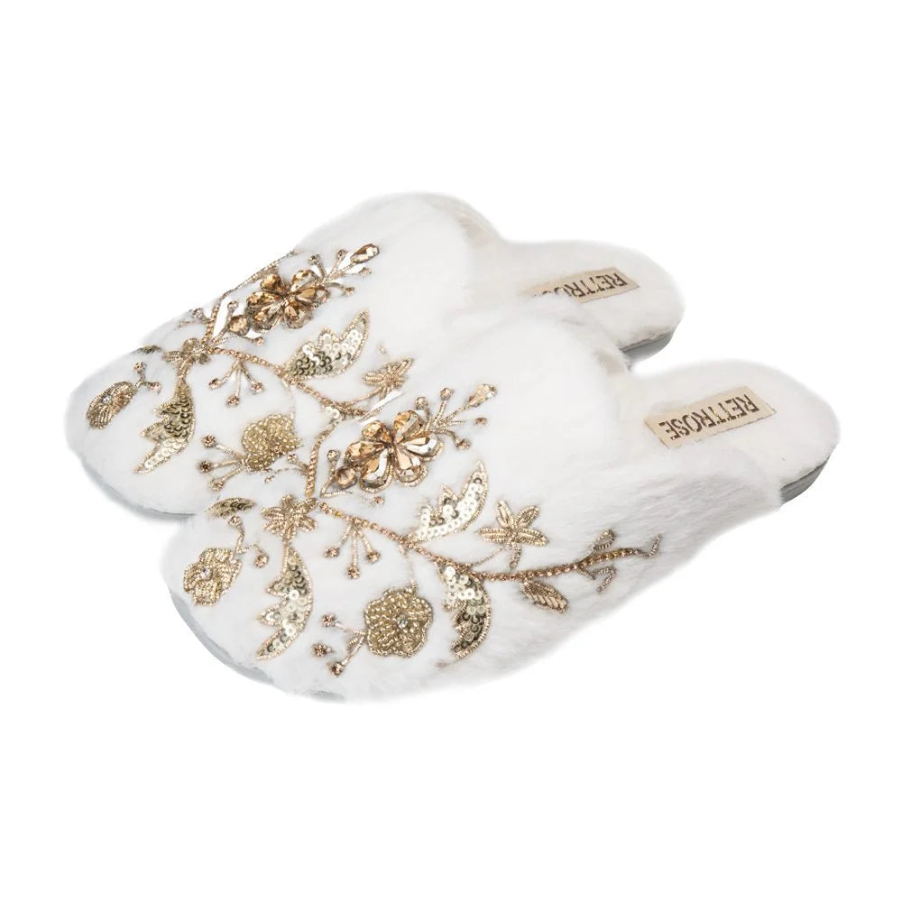 The Annie Cream Luxury Fluffy Embellished Slippers