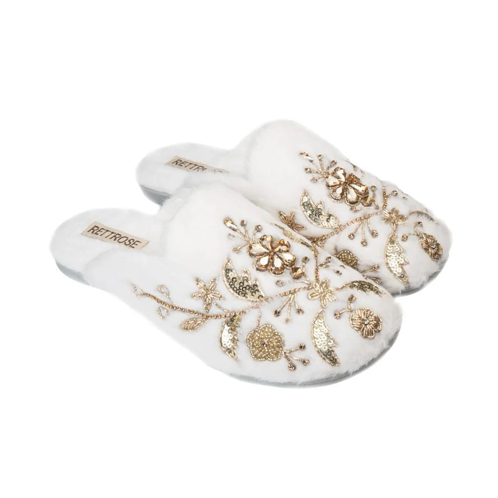 The Annie Cream Luxury Fluffy Embellished Slippers
