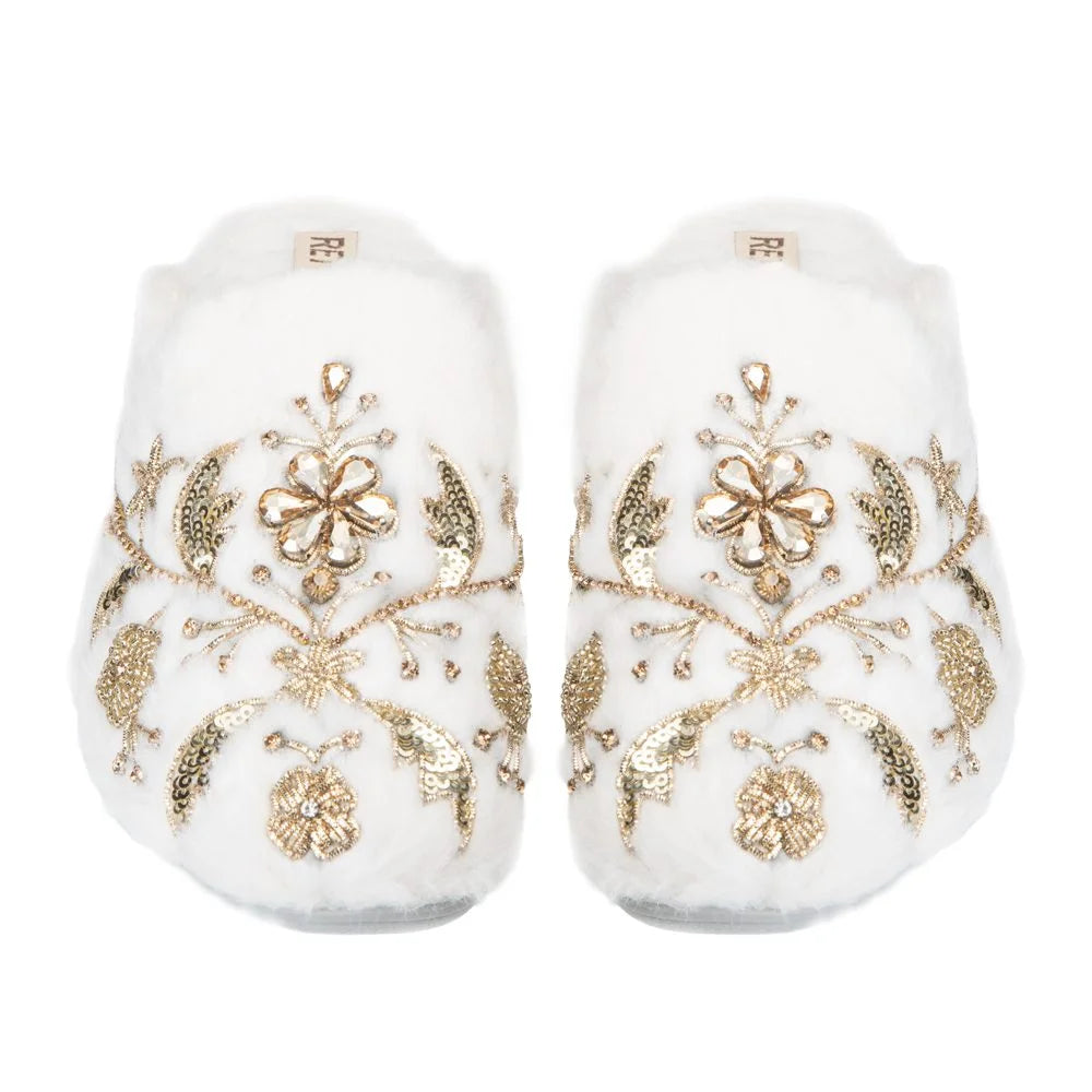 The Annie Cream Luxury Fluffy Embellished Slippers