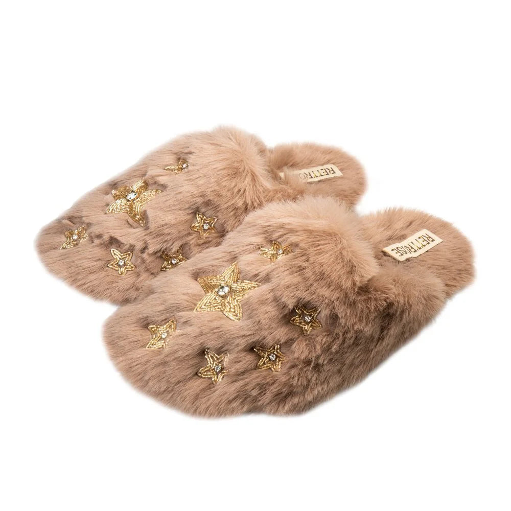 The Saylor Tan Luxury Fluffy Embellished Slippers