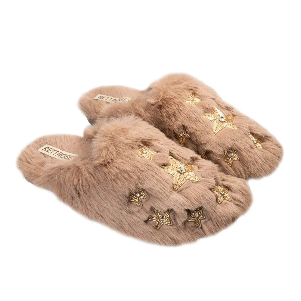 The Saylor Tan Luxury Fluffy Embellished Slippers