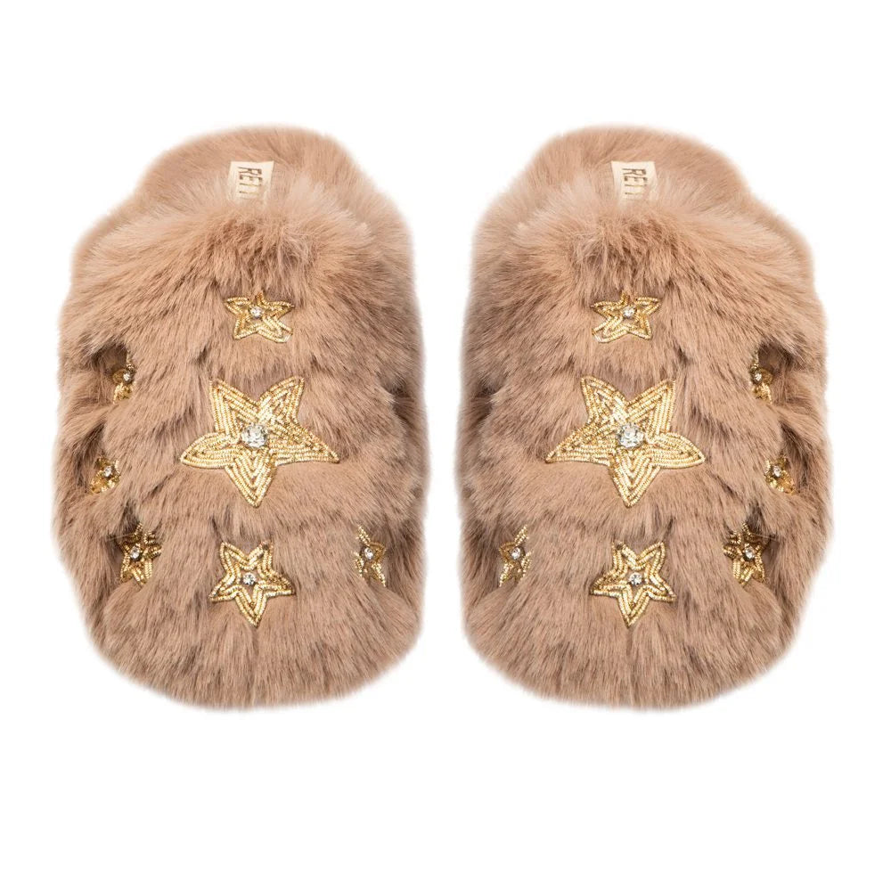 The Saylor Tan Luxury Fluffy Embellished Slippers