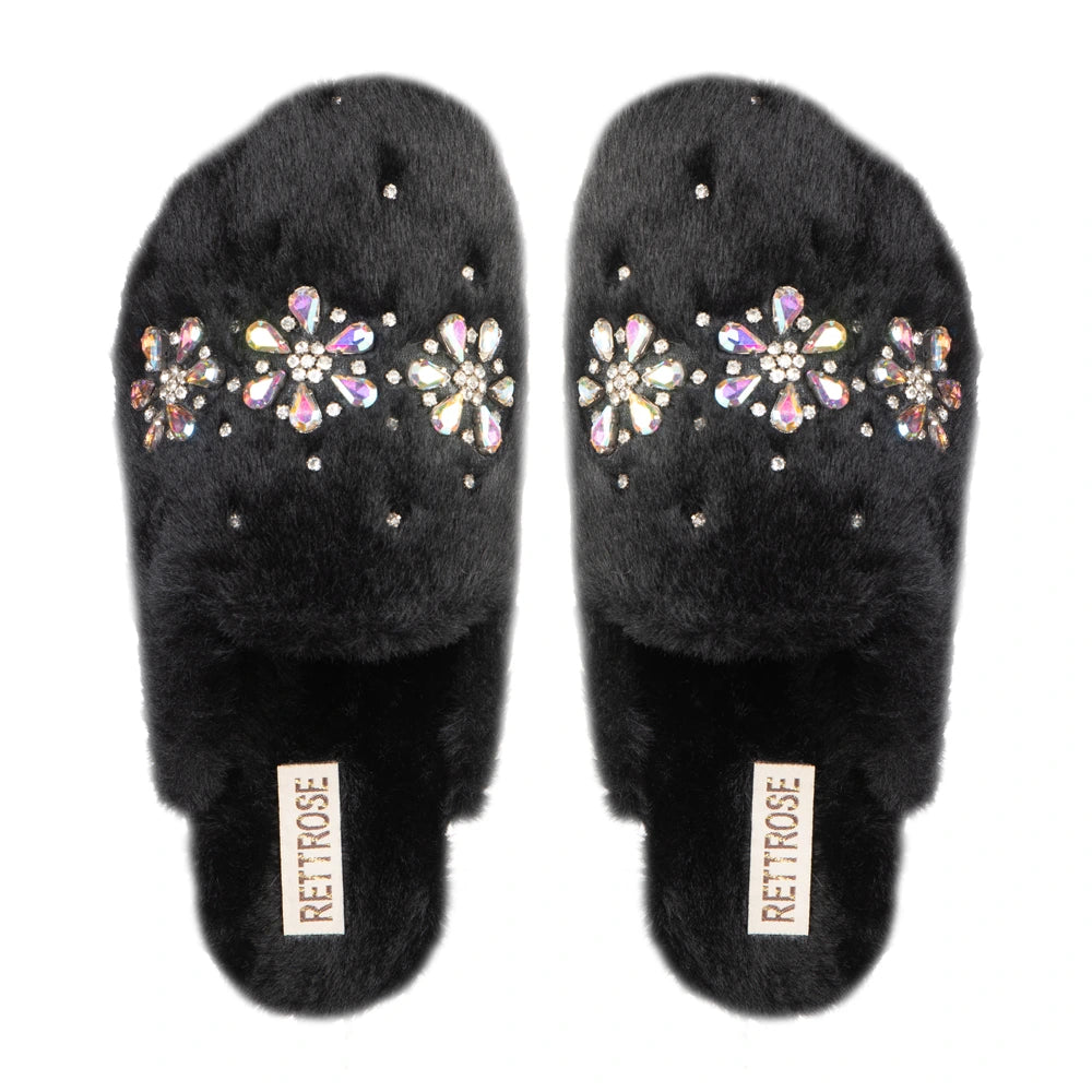 The Kamila Black Luxury Fluffy Embellished Slippers