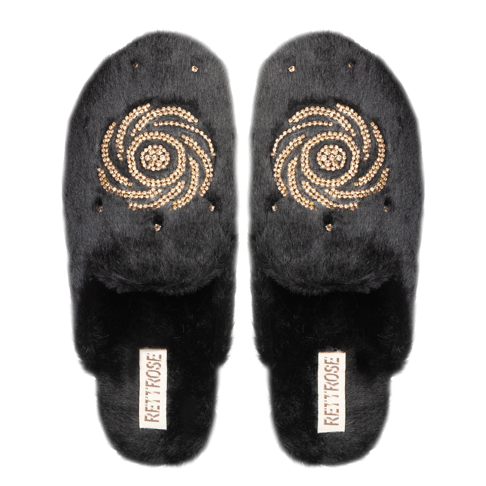 The Morgan Black Luxury Fluffy Embellished Slippers