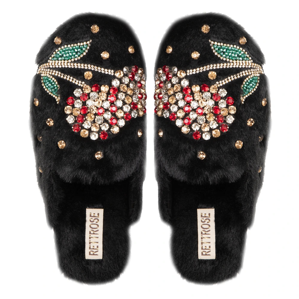 The Georgie Black Luxury Fluffy Embellished Slippers