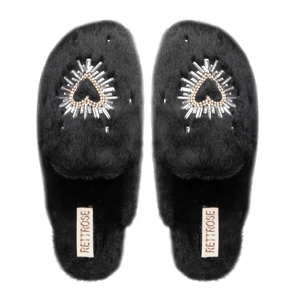 The Noelle Black Luxury Fluffy Embellished Slippers