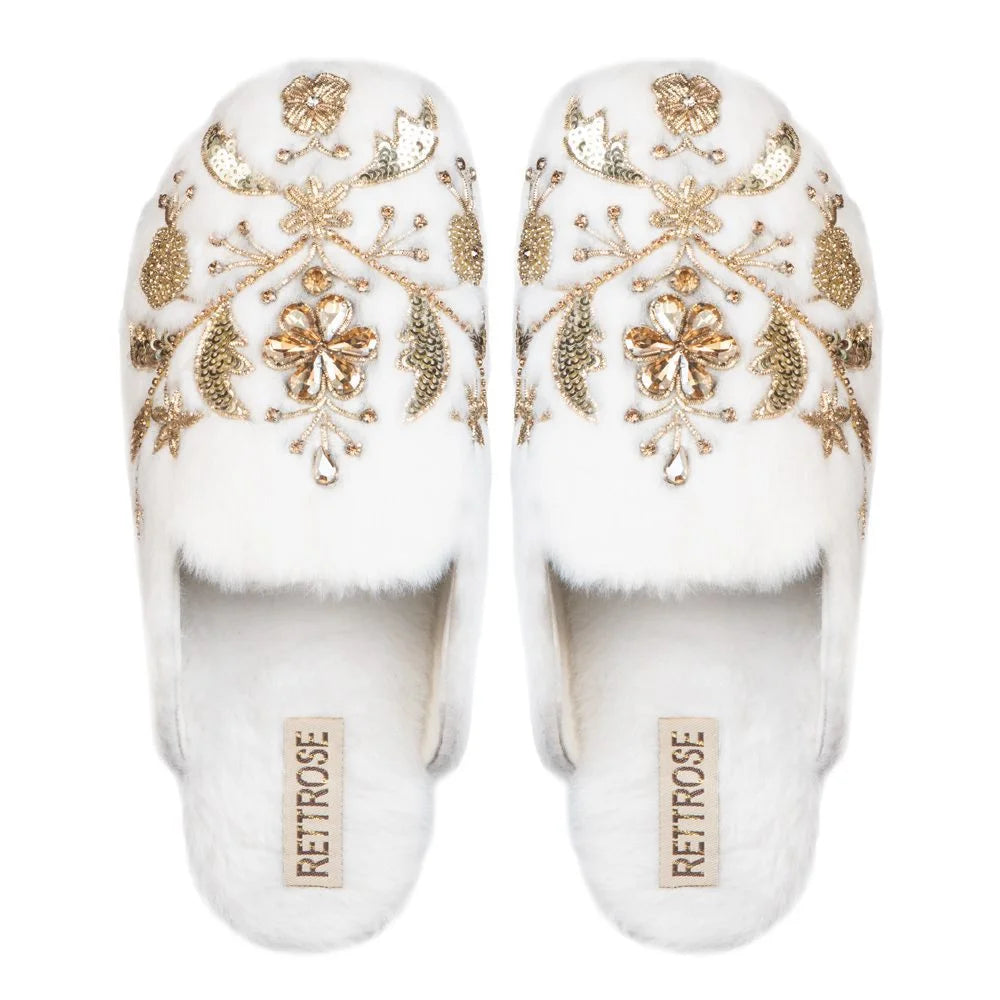 The Annie Cream Luxury Fluffy Embellished Slippers