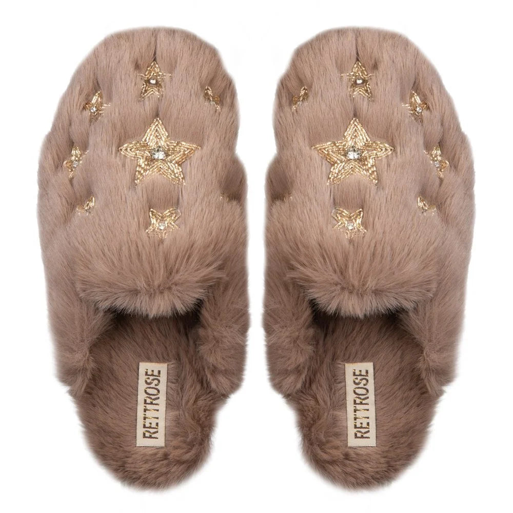 The Saylor Tan Luxury Fluffy Embellished Slippers