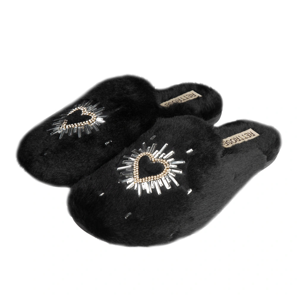 The Noelle Black Luxury Fluffy Embellished Slippers