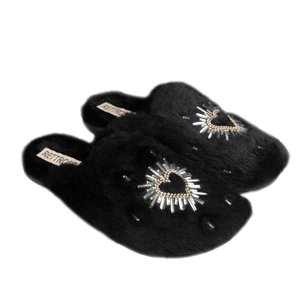 The Noelle Black Luxury Fluffy Embellished Slippers