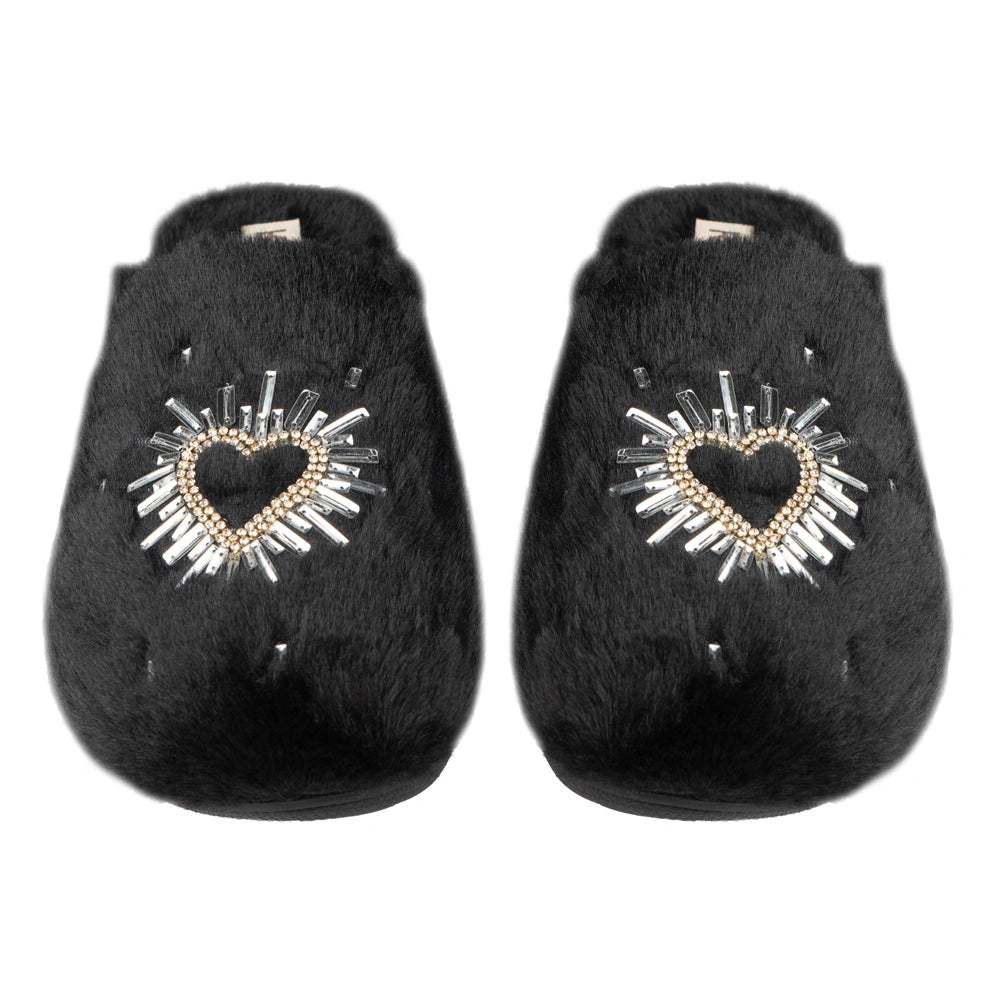 The Noelle Black Luxury Fluffy Embellished Slippers