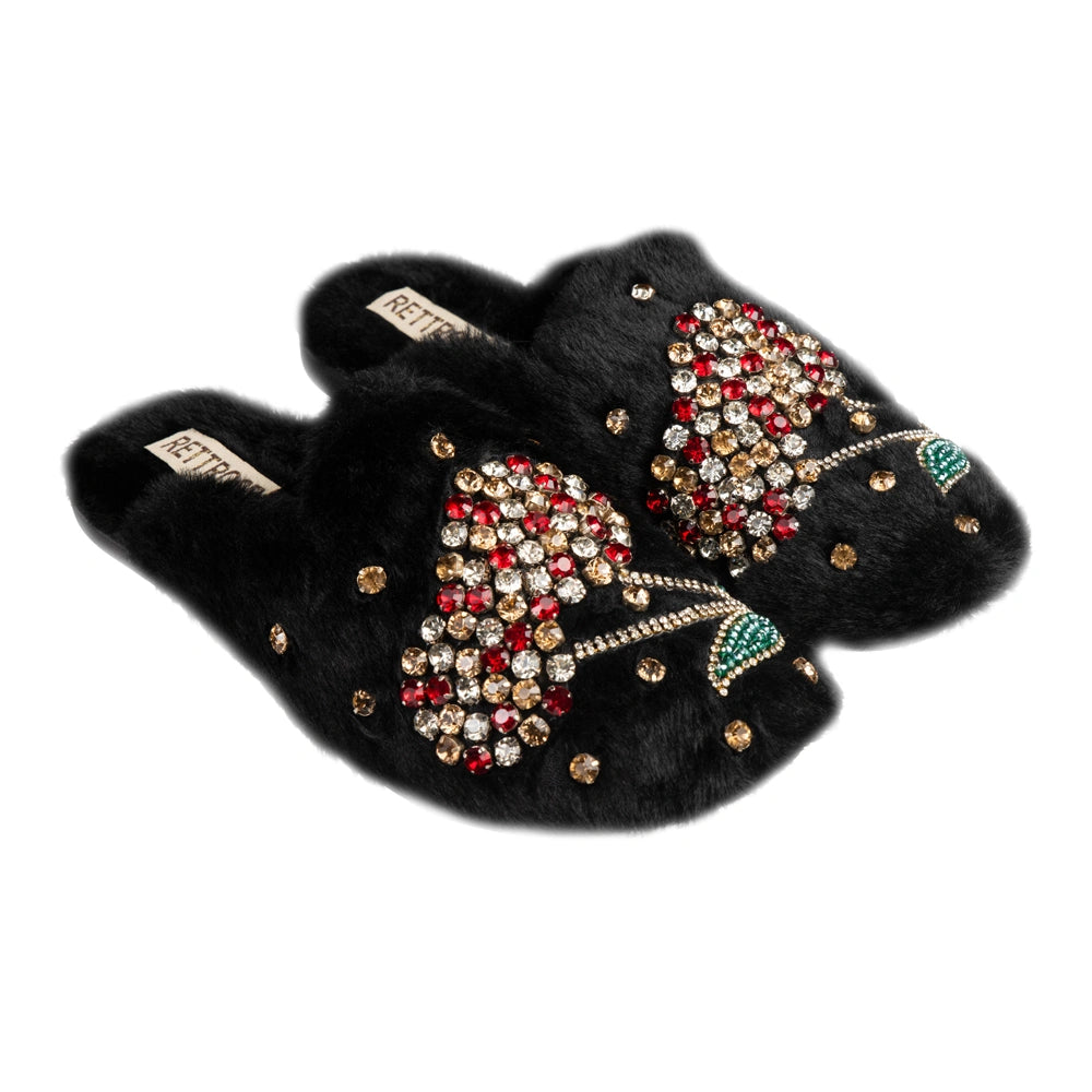 The Georgie Black Luxury Fluffy Embellished Slippers