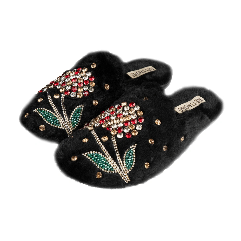 The Georgie Black Luxury Fluffy Embellished Slippers