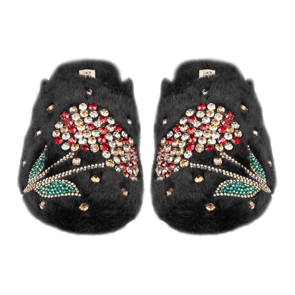 The Georgie Black Luxury Fluffy Embellished Slippers
