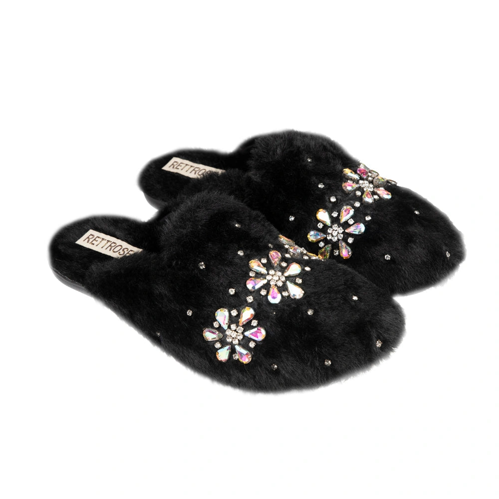 The Kamila Black Luxury Fluffy Embellished Slippers