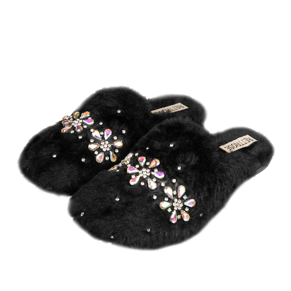 The Kamila Black Luxury Fluffy Embellished Slippers