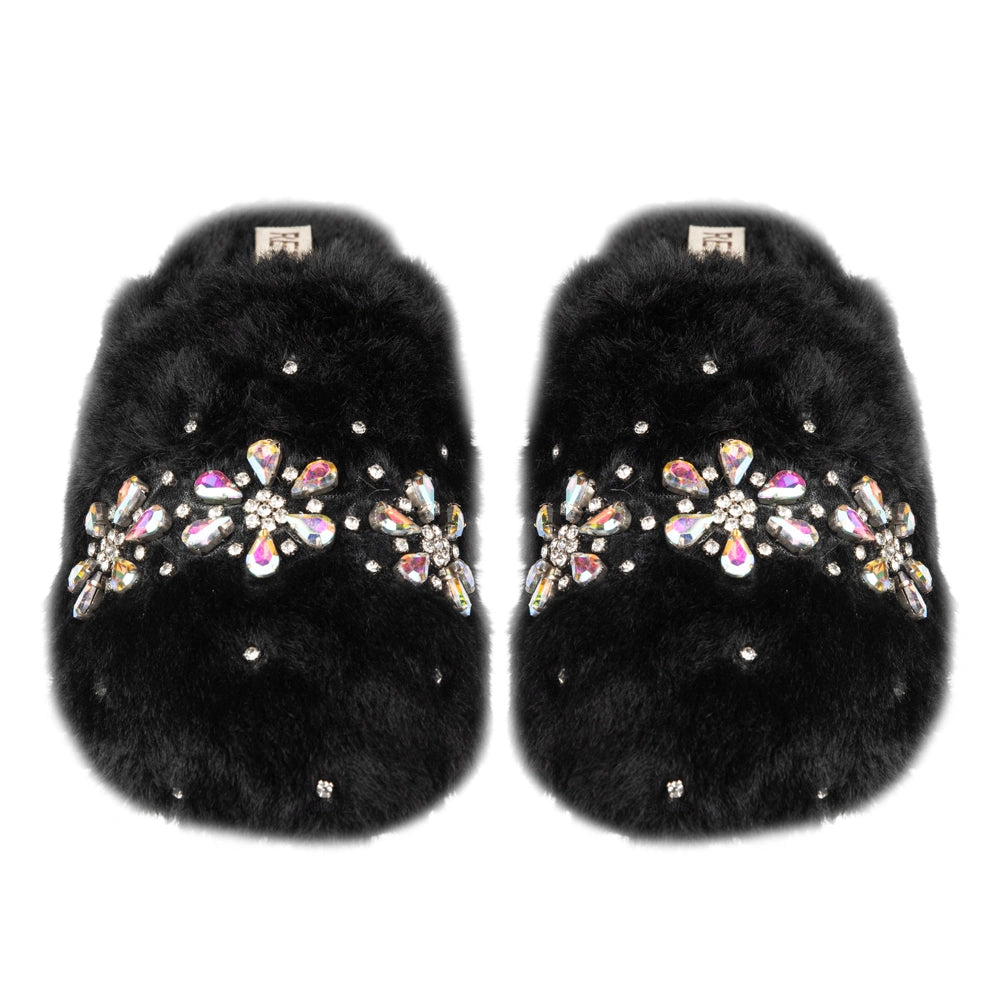 The Kamila Black Luxury Fluffy Embellished Slippers