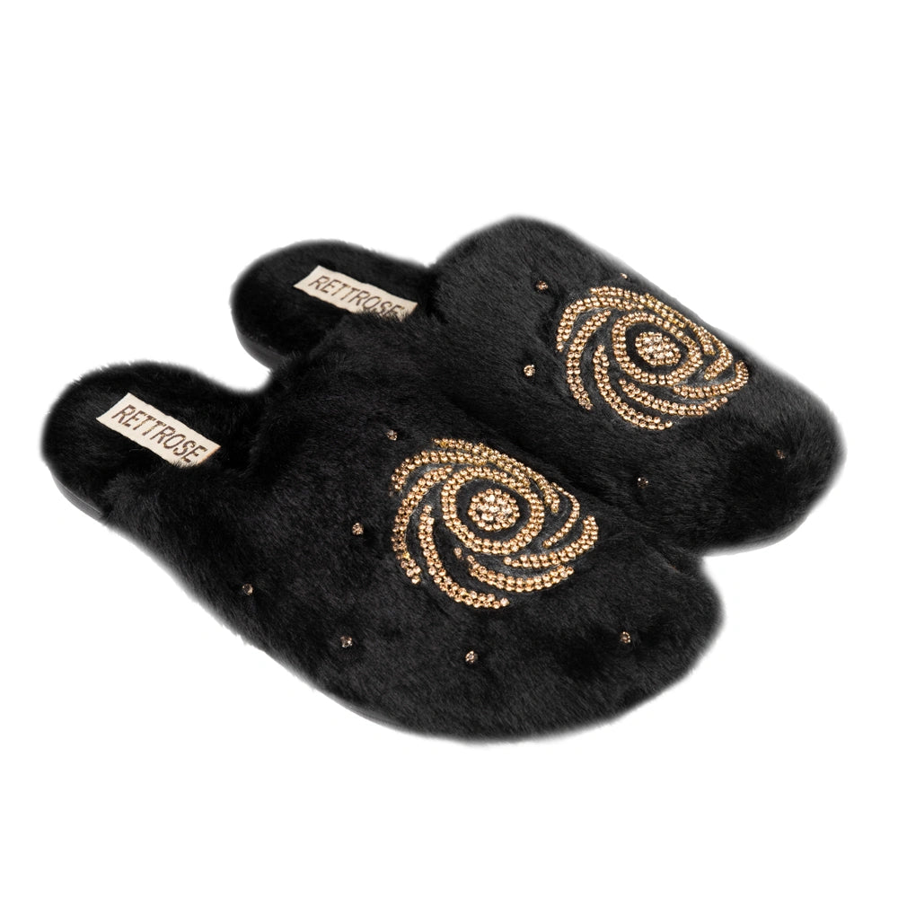 The Morgan Black Luxury Fluffy Embellished Slippers