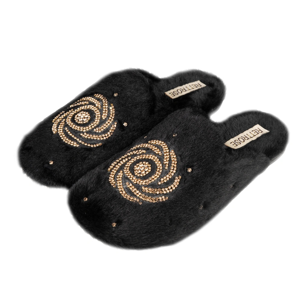 The Morgan Black Luxury Fluffy Embellished Slippers