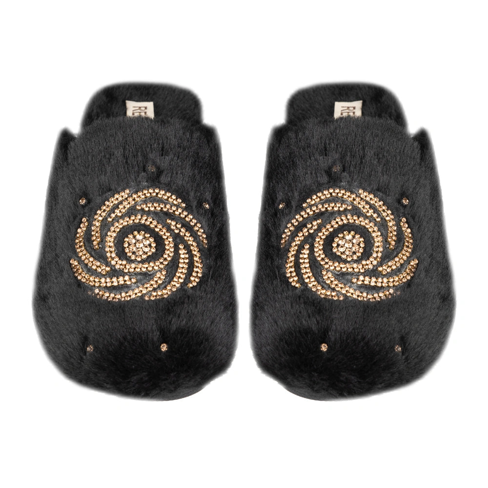 The Morgan Black Luxury Fluffy Embellished Slippers