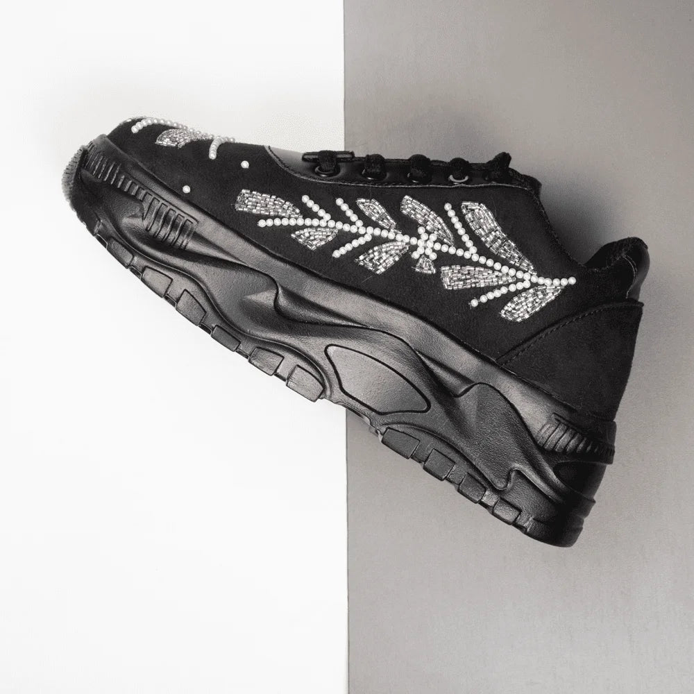 The Harley Luxury Black Satin Embellished Trainer