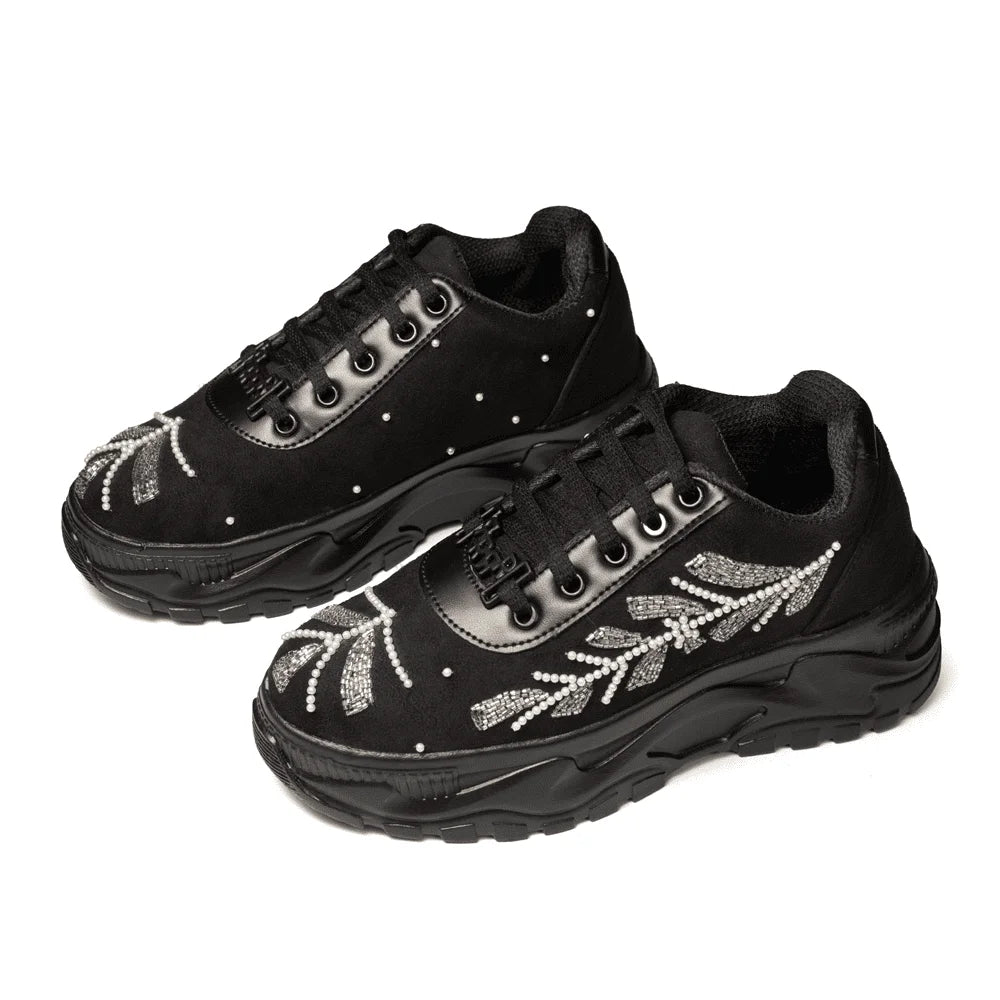 The Harley Luxury Black Satin Embellished Trainer