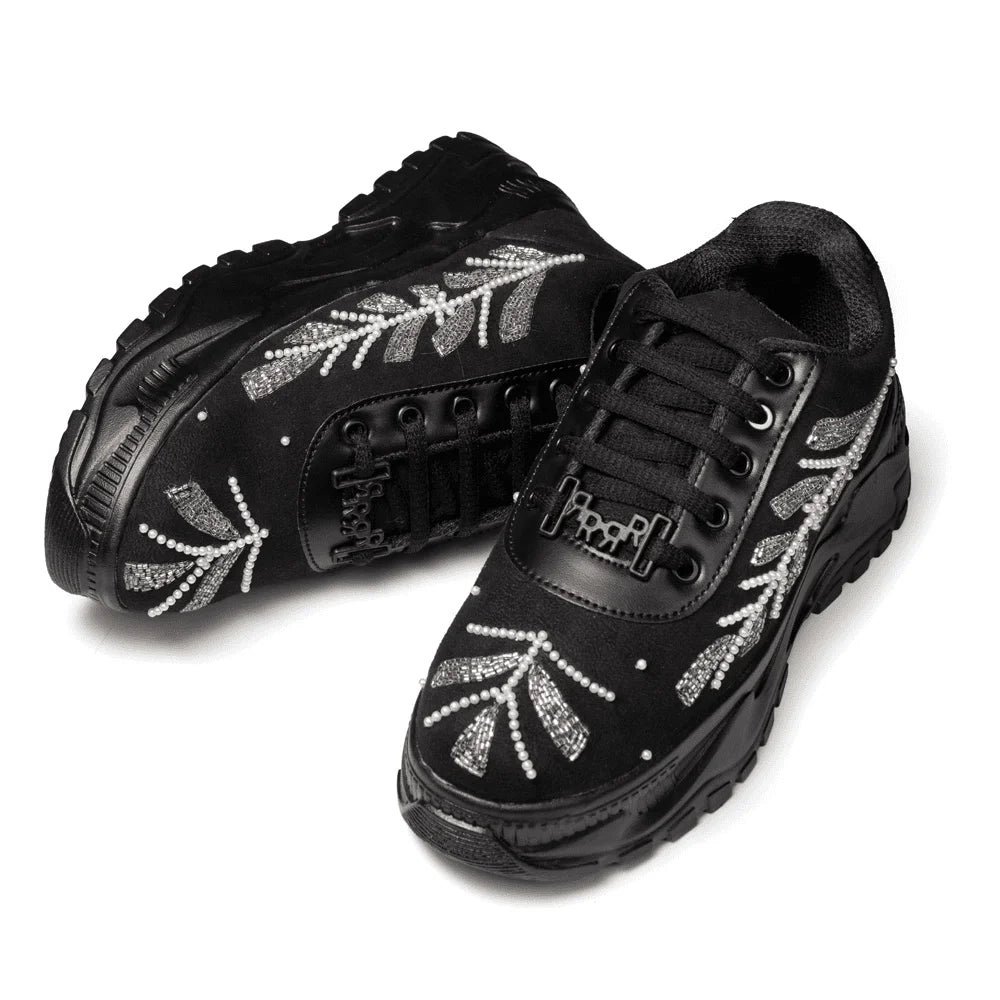 The Harley Luxury Black Satin Embellished Trainer