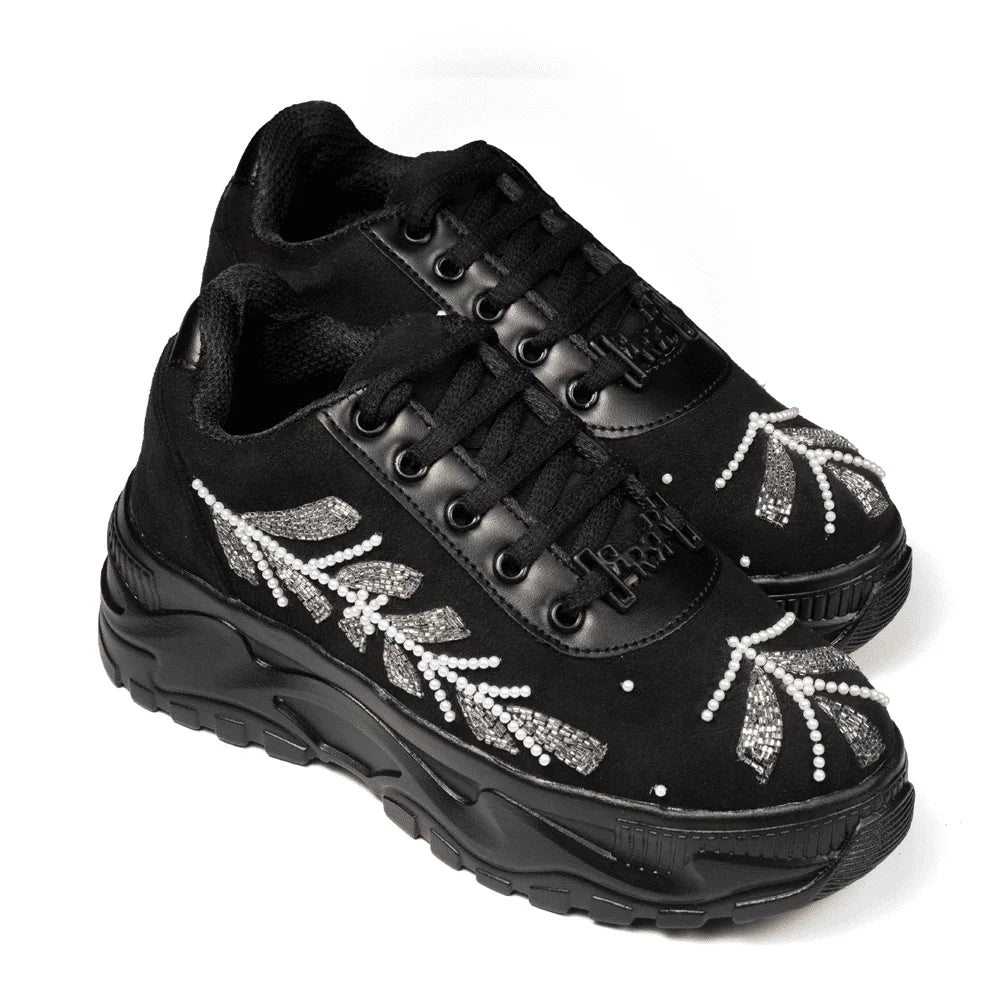 The Harley Luxury Black Satin Embellished Trainer