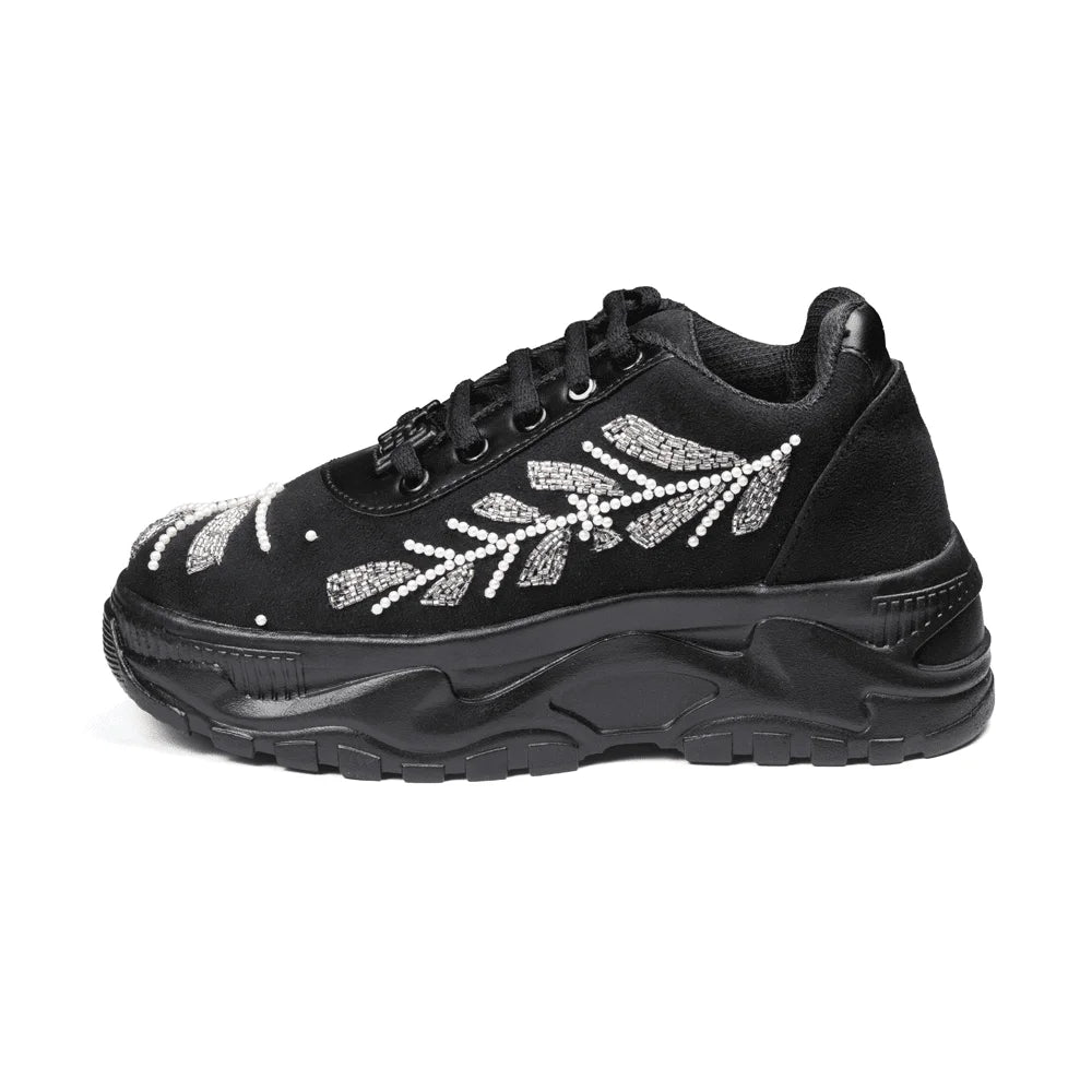 The Harley Luxury Black Satin Embellished Trainer