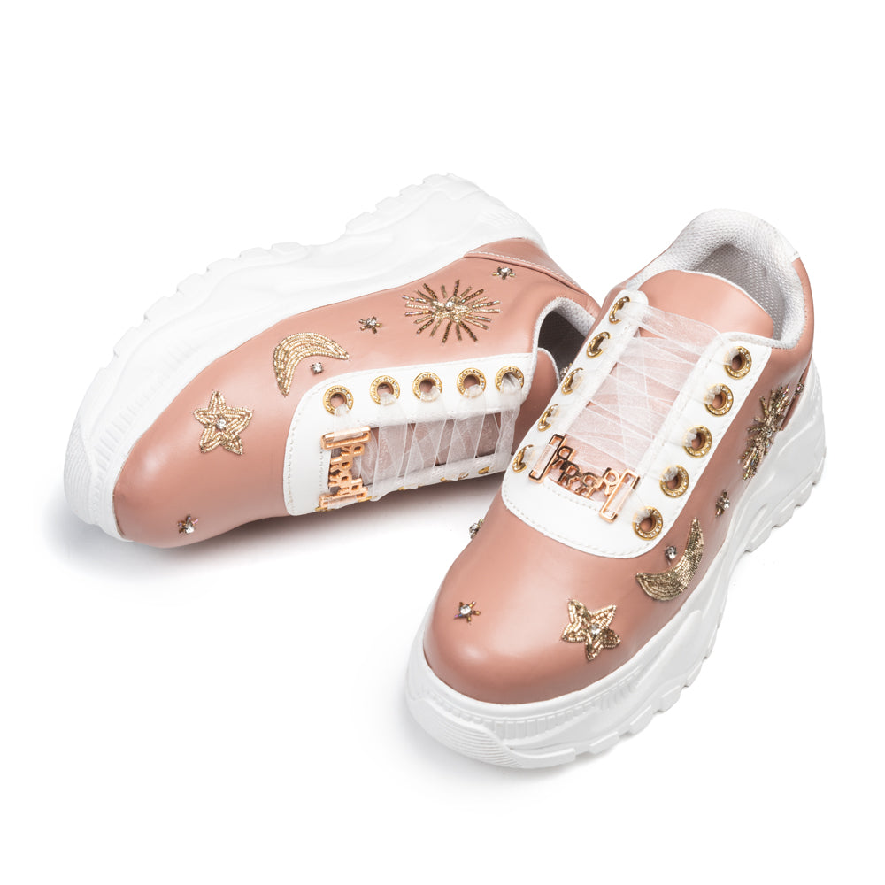 The Adriana Luxury Nude Satin Embellished Trainer